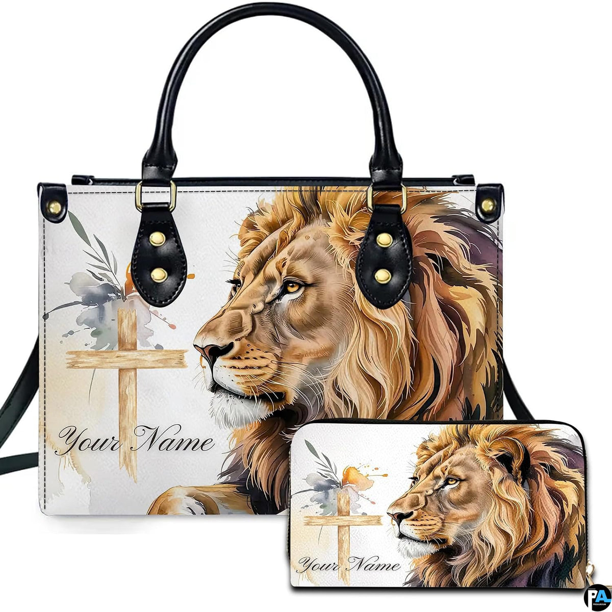 Personalized Lion Cross Watercolor Handbag for Faith Gift