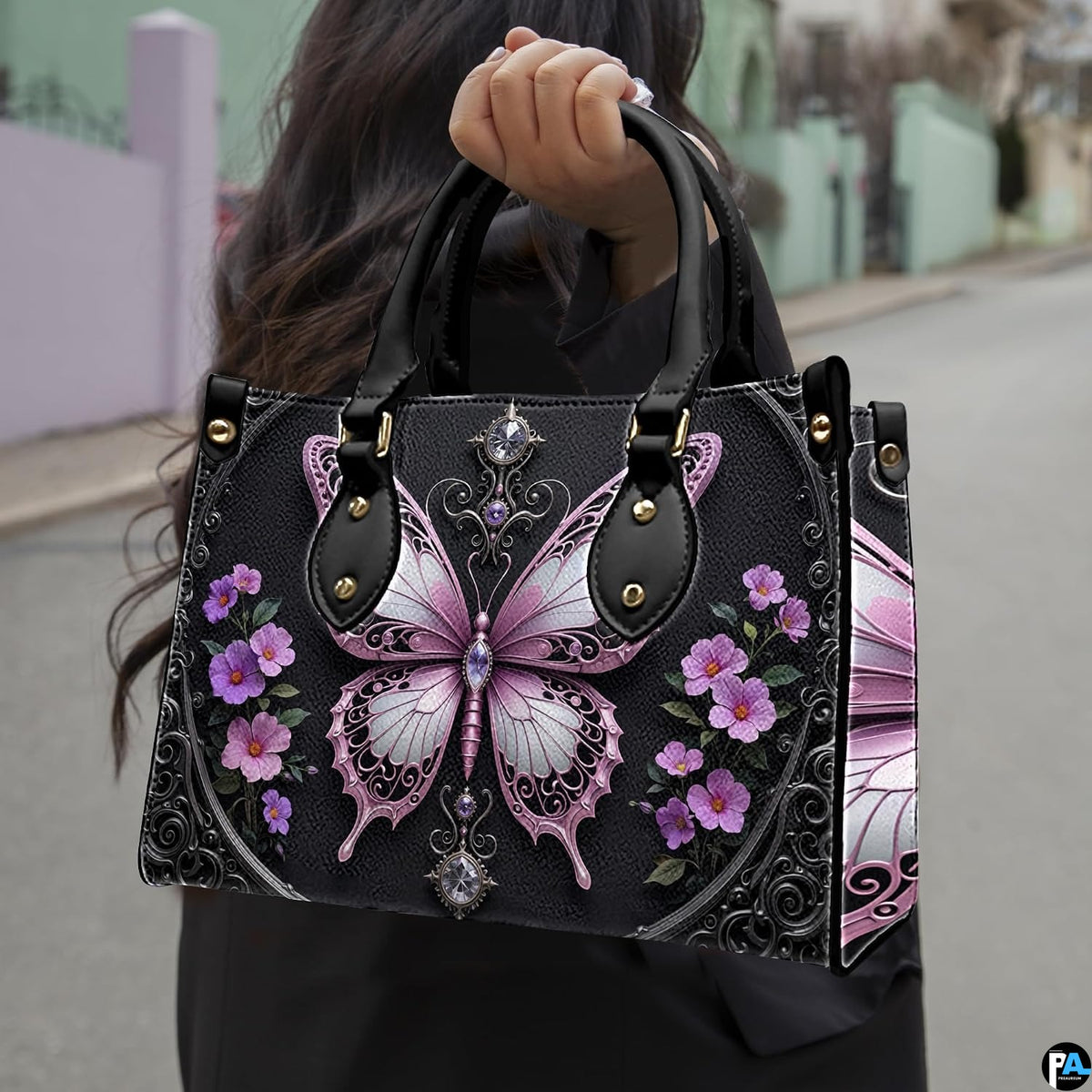 Matching zip-around wallet featuring sculpted pastel pink filigree butterfly and purple flowers on black