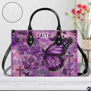 Side profile view of structured purple floral butterfly cross handbag.
