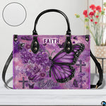 Side profile view of structured purple floral butterfly cross handbag.