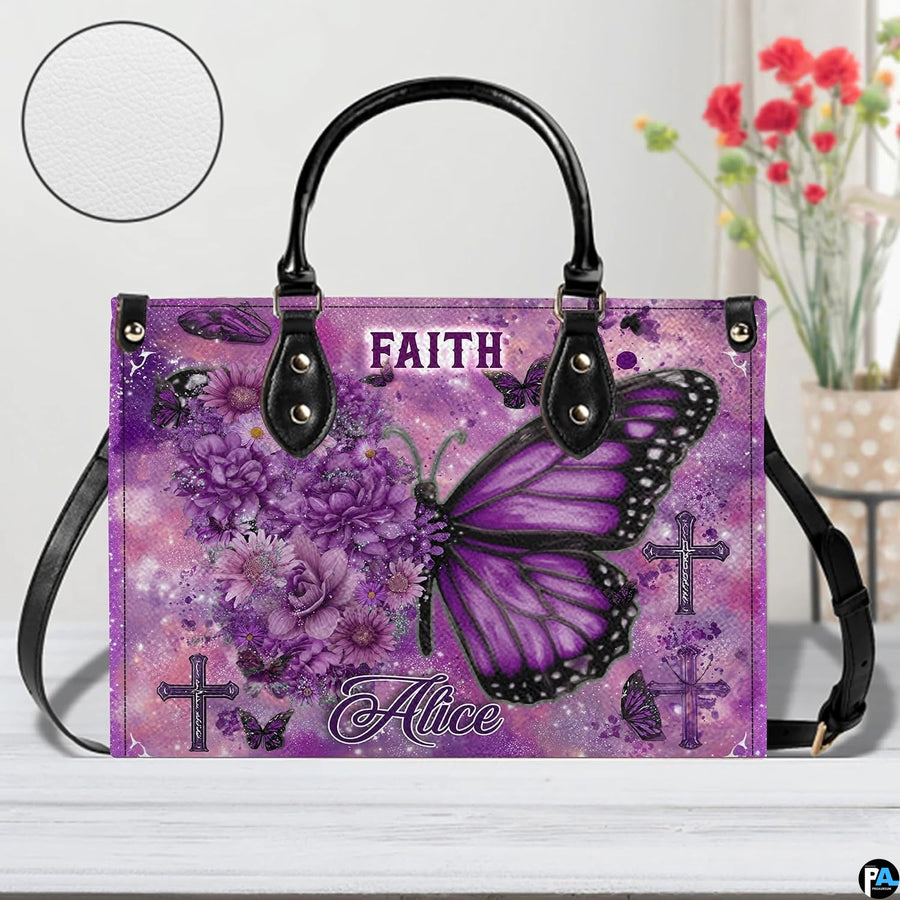 Side profile view of structured purple floral butterfly cross handbag.