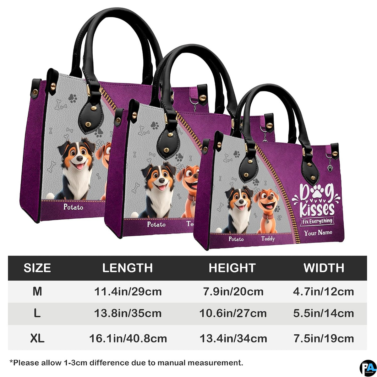 Side perspective view of cartoon canine handbag and wallet showing structured profile