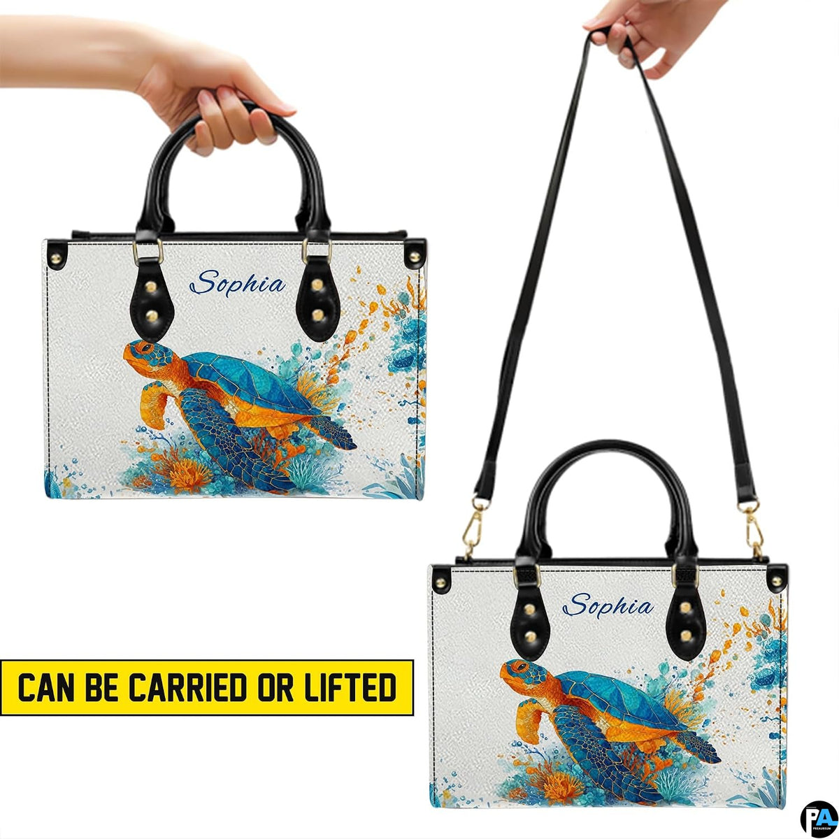 Matching wallet displaying the vibrant splatter droplet sea turtle and coral reef.
