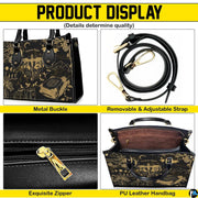 Golden dragon handbag on white wooden table beside floral vase with texture swatch inset.