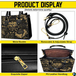 Golden dragon handbag on white wooden table beside floral vase with texture swatch inset.