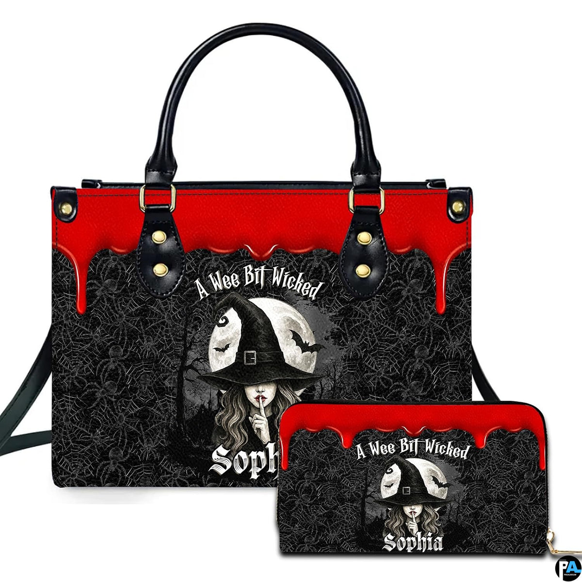 Front view of gothic sorceress artwork with dripping crimson border, full moon, and spiderweb pattern.