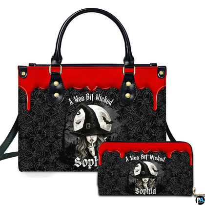 Front view of gothic sorceress artwork with dripping crimson border, full moon, and spiderweb pattern.