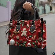 Model walking outdoors carrying festive Christmas gingerbread cookie handbag.