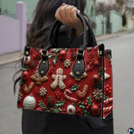 Model walking outdoors carrying festive Christmas gingerbread cookie handbag.