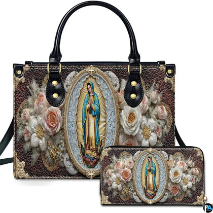 Front view of Our Lady of Guadalupe handbag and matching zippered wallet with crucifix medallion.