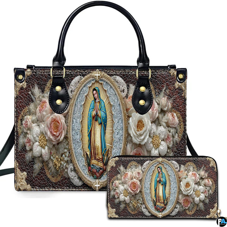 Front view of Our Lady of Guadalupe handbag and matching zippered wallet with crucifix medallion.