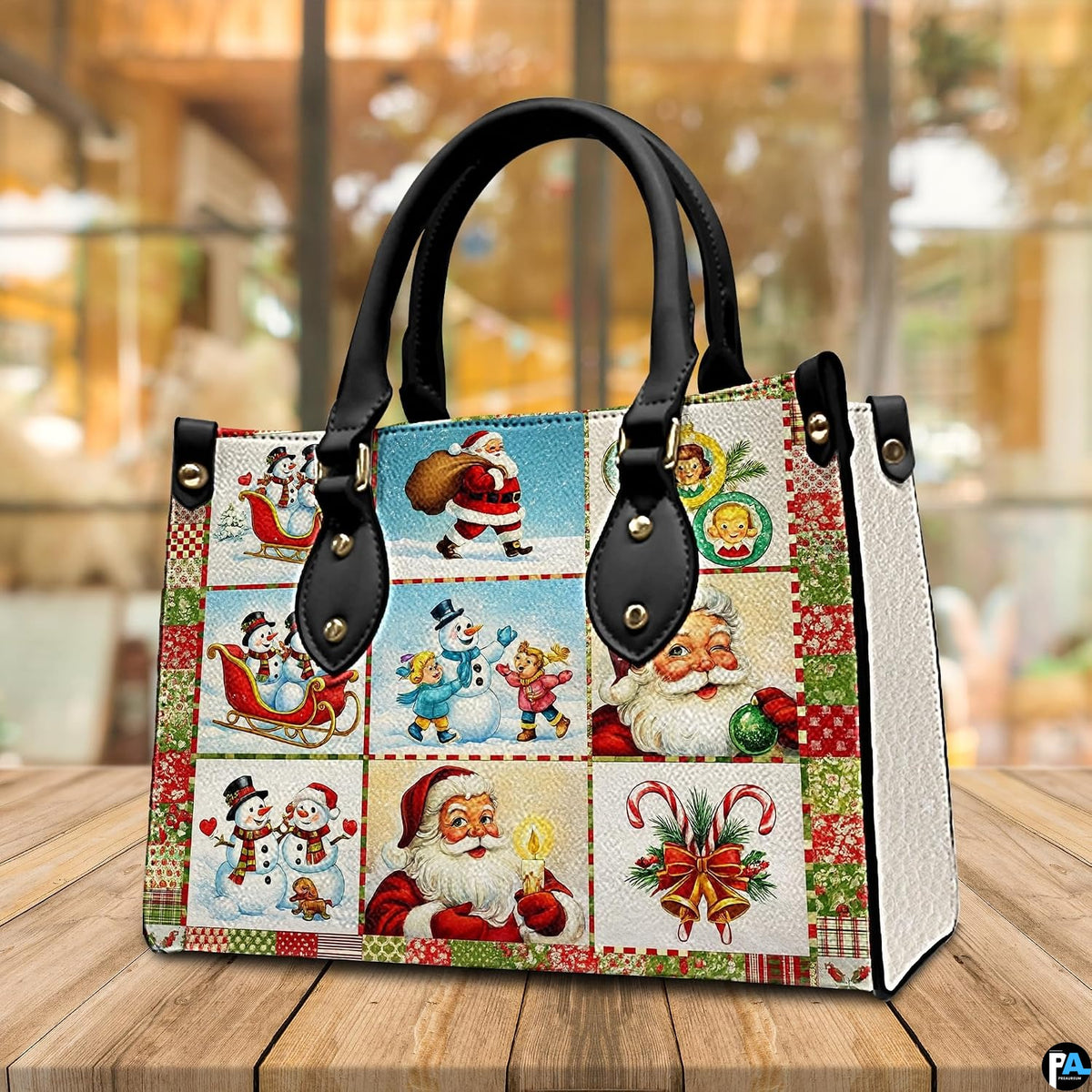 Three-quarter view of vintage Christmas patchwork handbag on wooden tabletop with holiday bokeh background