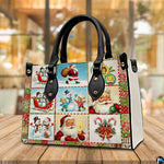 Three-quarter view of vintage Christmas patchwork handbag on wooden tabletop with holiday bokeh background