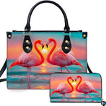 Flamingo heart sunset handbag and matching wallet set showing flamingos forming a heart.