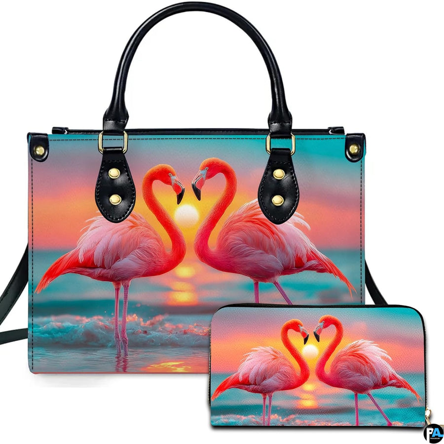 Flamingo heart sunset handbag and matching wallet set showing flamingos forming a heart.