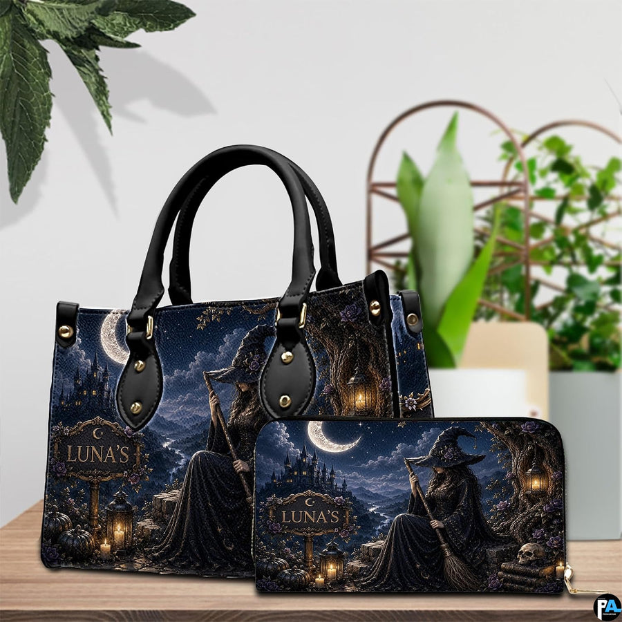 Still life tabletop arrangement showcasing the dark witch art accessory alongside decorative foliage.