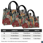 Side profile and structured bottom base of Our Lady of Guadalupe handbag.