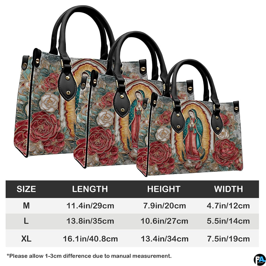 Side profile and structured bottom base of Our Lady of Guadalupe handbag.