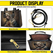 Infographic displaying handbag hardware, adjustable shoulder strap, zipper pull, and interior