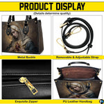 Infographic displaying handbag hardware, adjustable shoulder strap, zipper pull, and interior