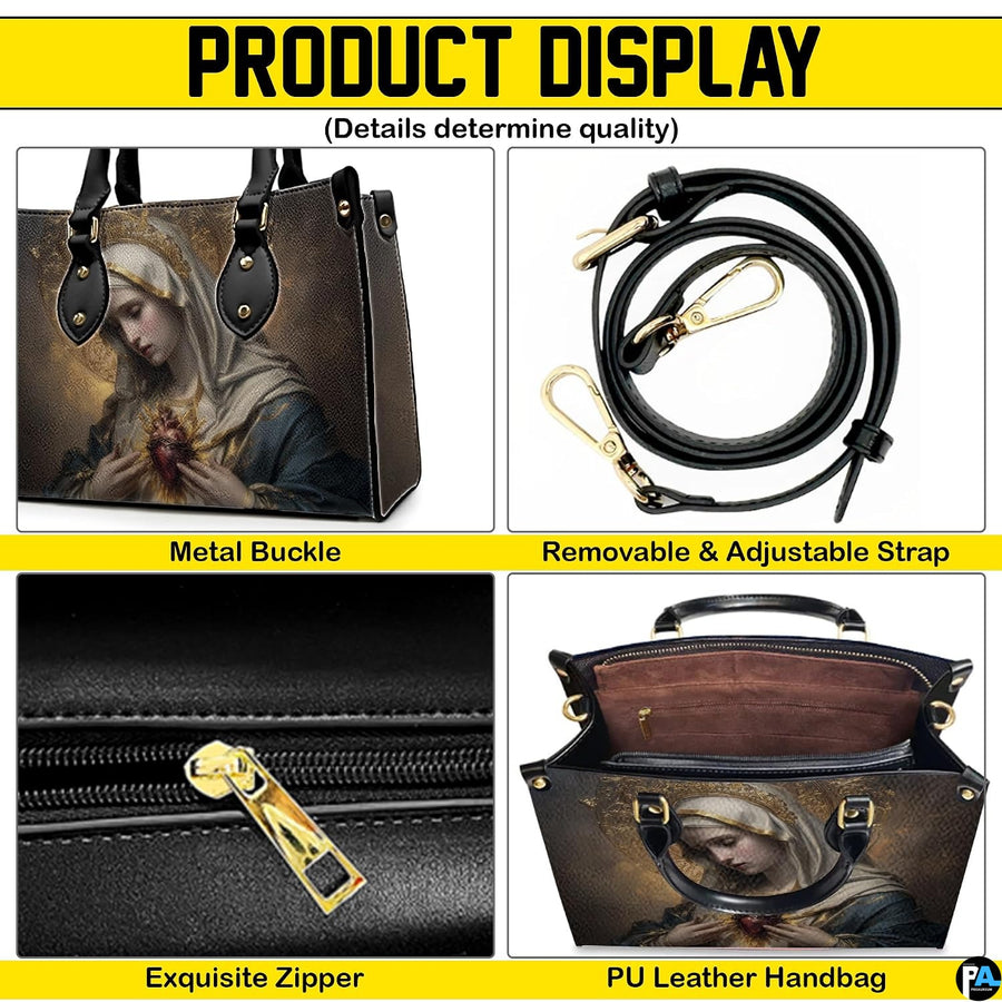 Infographic displaying handbag hardware, adjustable shoulder strap, zipper pull, and interior