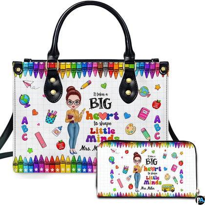Front presentation of crayon border teacher art featuring cartoon teacher illustration and colorful crayon borders.