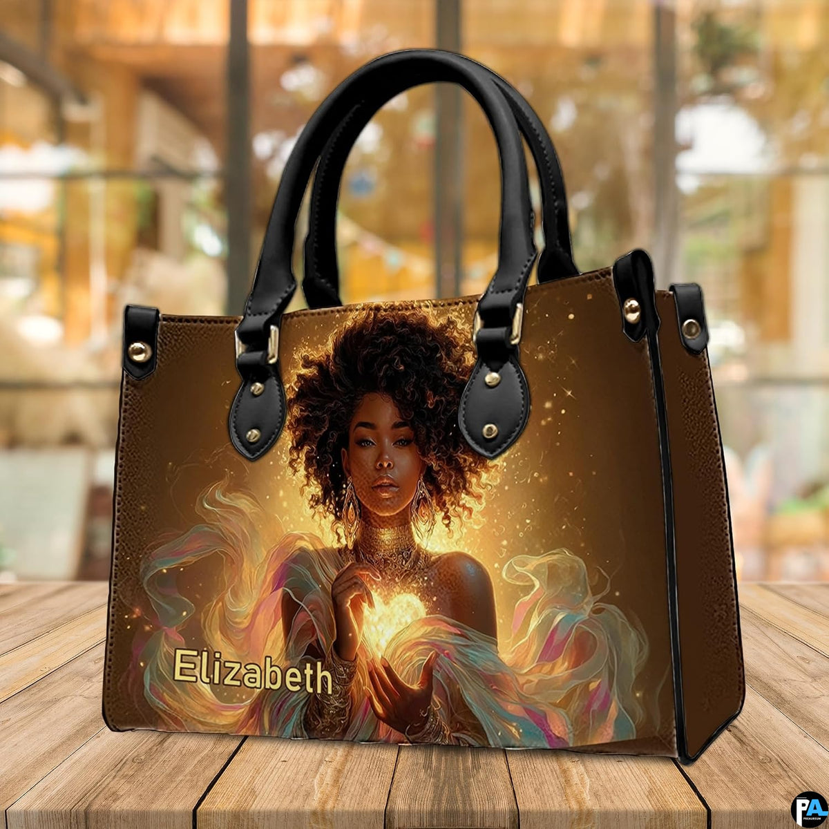 Handbag on wooden table in cafe setting with warm lighting