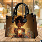 Handbag on wooden table in cafe setting with warm lighting