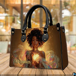 Handbag on wooden table in cafe setting with warm lighting
