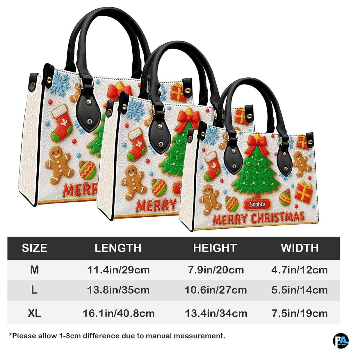Size chart illustrating dimensions for Medium, Large, and Extra Large handbag.