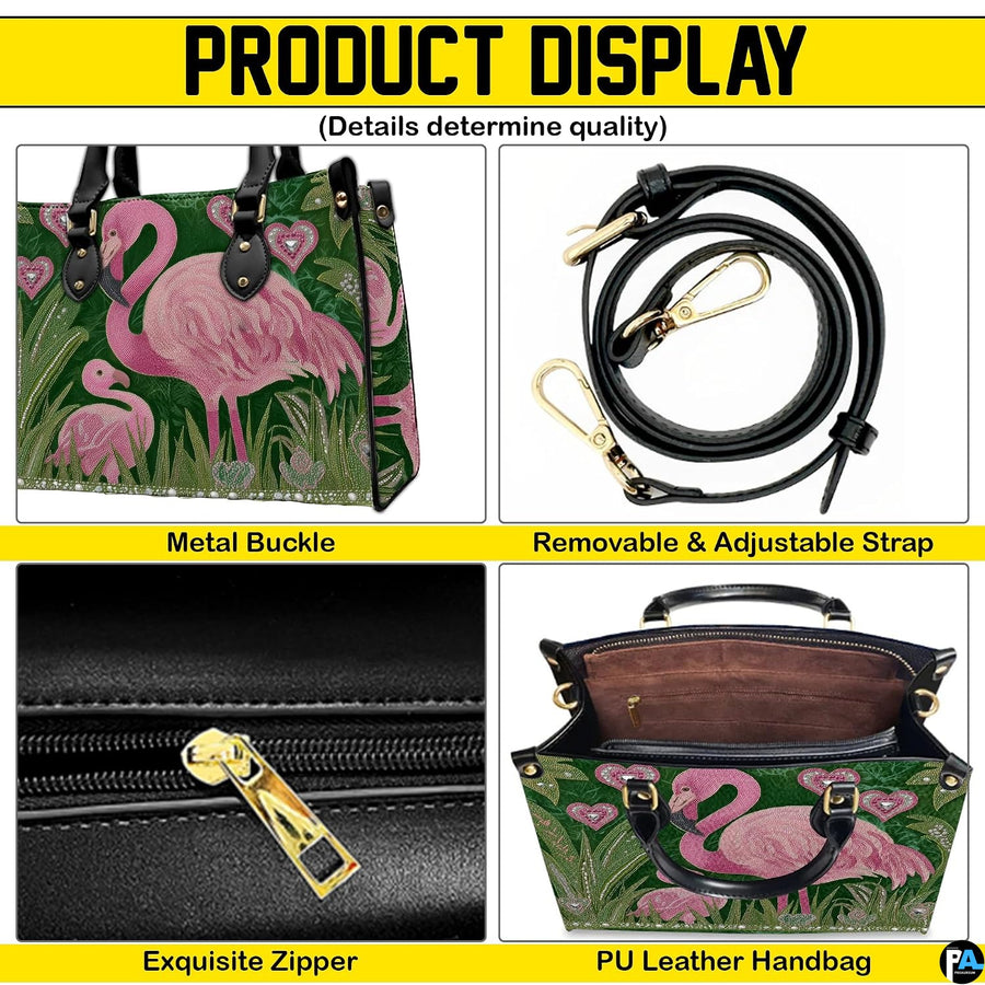Matching zip wallet featuring the pink flamingo mother and chick in lush green reeds.