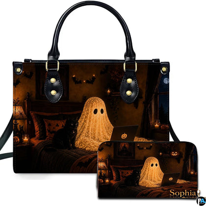 Glowing ghost art showing a fairy-lit specter using a laptop on bedding beside a dark cat.