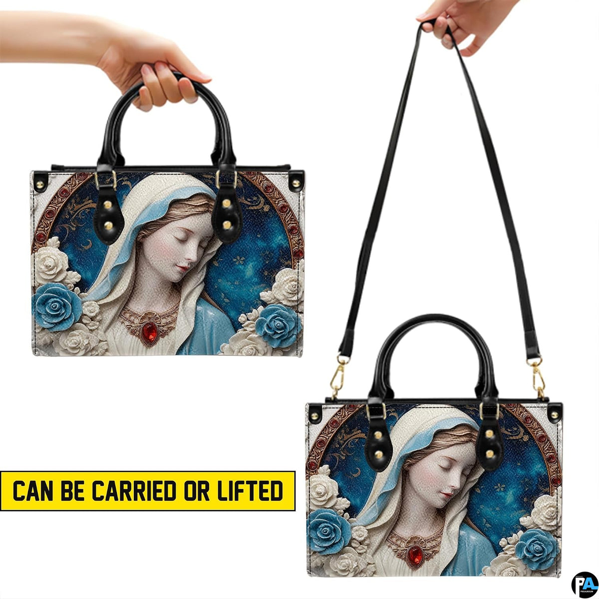 Graphic demonstrating top handle hand carrying and shoulder strap wear options for the handbag.
