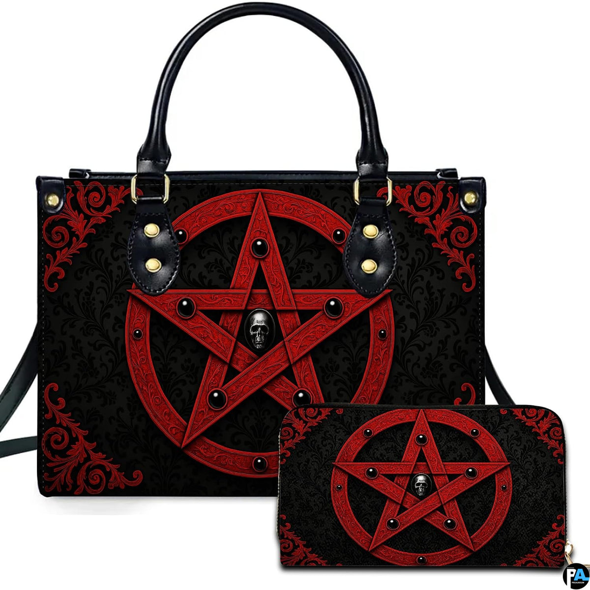Gothic inverted crimson pentagram skull handbag and matching wallet set on white background.