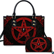Gothic inverted crimson pentagram skull handbag and matching wallet set on white background.