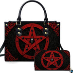 Gothic inverted crimson pentagram skull handbag and matching wallet set on white background.