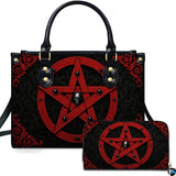 Gothic Inverted Crimson Pentagram Skull Handbag and Matching Wallet Set