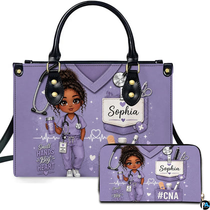 Purple scrub nurse art featuring an animated cartoon character in violet scrubs beside matching companion accessory.