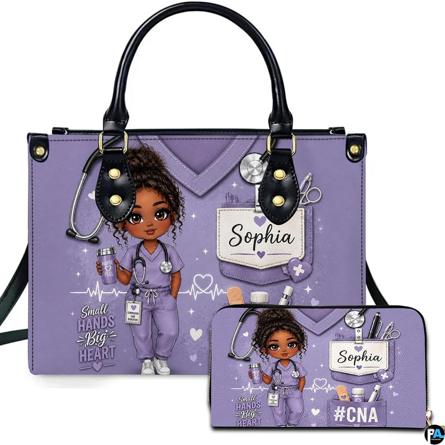 Purple scrub nurse art featuring an animated cartoon character in violet scrubs beside matching companion accessory.