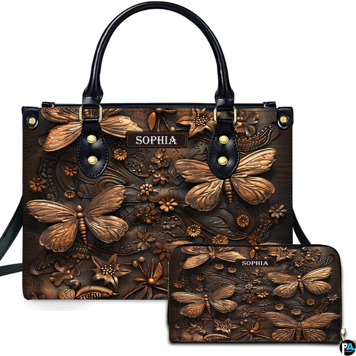 Embossed bronze dragonfly handbag and matching wallet set shown against a plain white studio background.