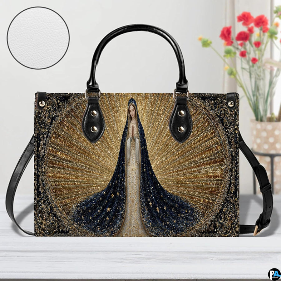 Side profile view of handbag showcasing continuous dark starry navy background