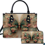 Front view of emerald Rococo butterfly handbag and matching zip wallet on solid white background