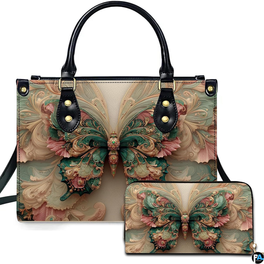 Front view of emerald Rococo butterfly handbag and matching zip wallet on solid white background
