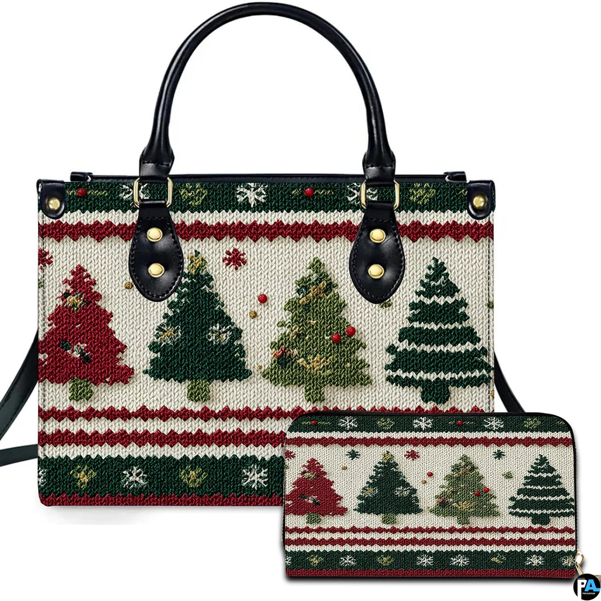 Dual angle view of the Nordic pine tree holiday pattern with snowflake borders alongside matching accessory