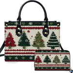 Dual angle view of the Nordic pine tree holiday pattern with snowflake borders alongside matching accessory