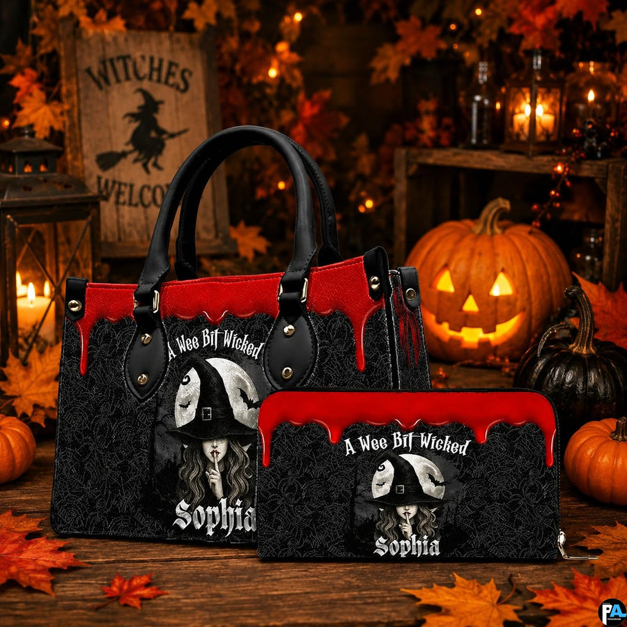 Tabletop arrangement showing gothic sorceress artwork paired with pumpkins and wooden autumn sign.