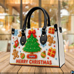 Perspective display of gingerbread Christmas tree handbag on wooden table.