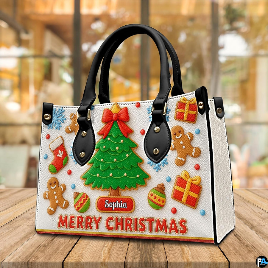 Perspective display of gingerbread Christmas tree handbag on wooden table.