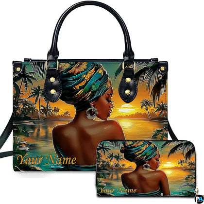 Lagoon sunset headwrap handbag with teal and gold portrait art