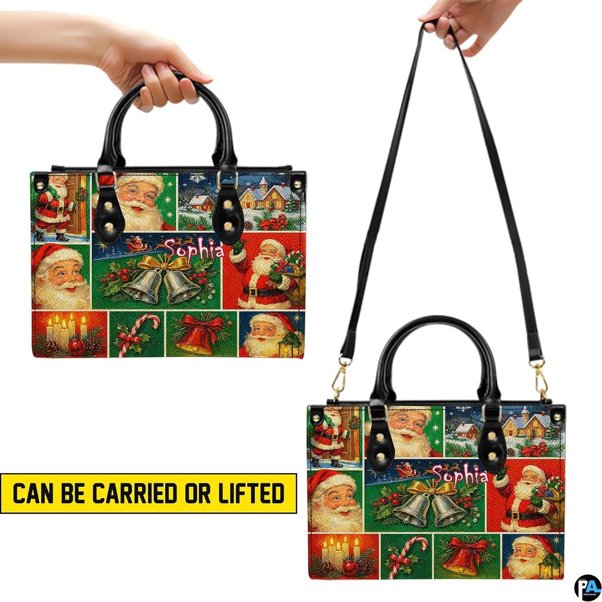 Infographic displaying handheld carrying and shoulder strap wear for handbag.